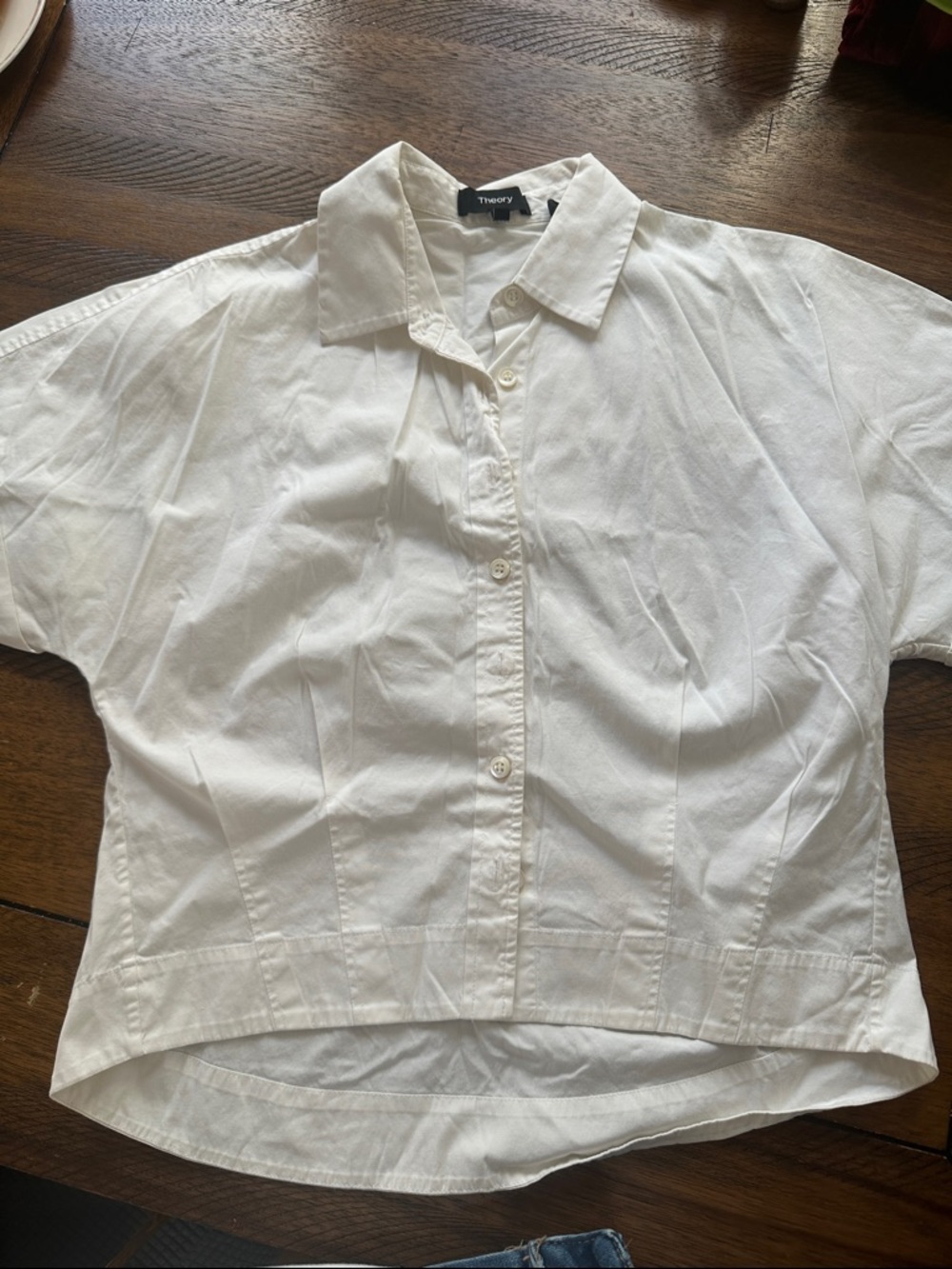 Theory White Short Sleeve Collared Button-Up Top